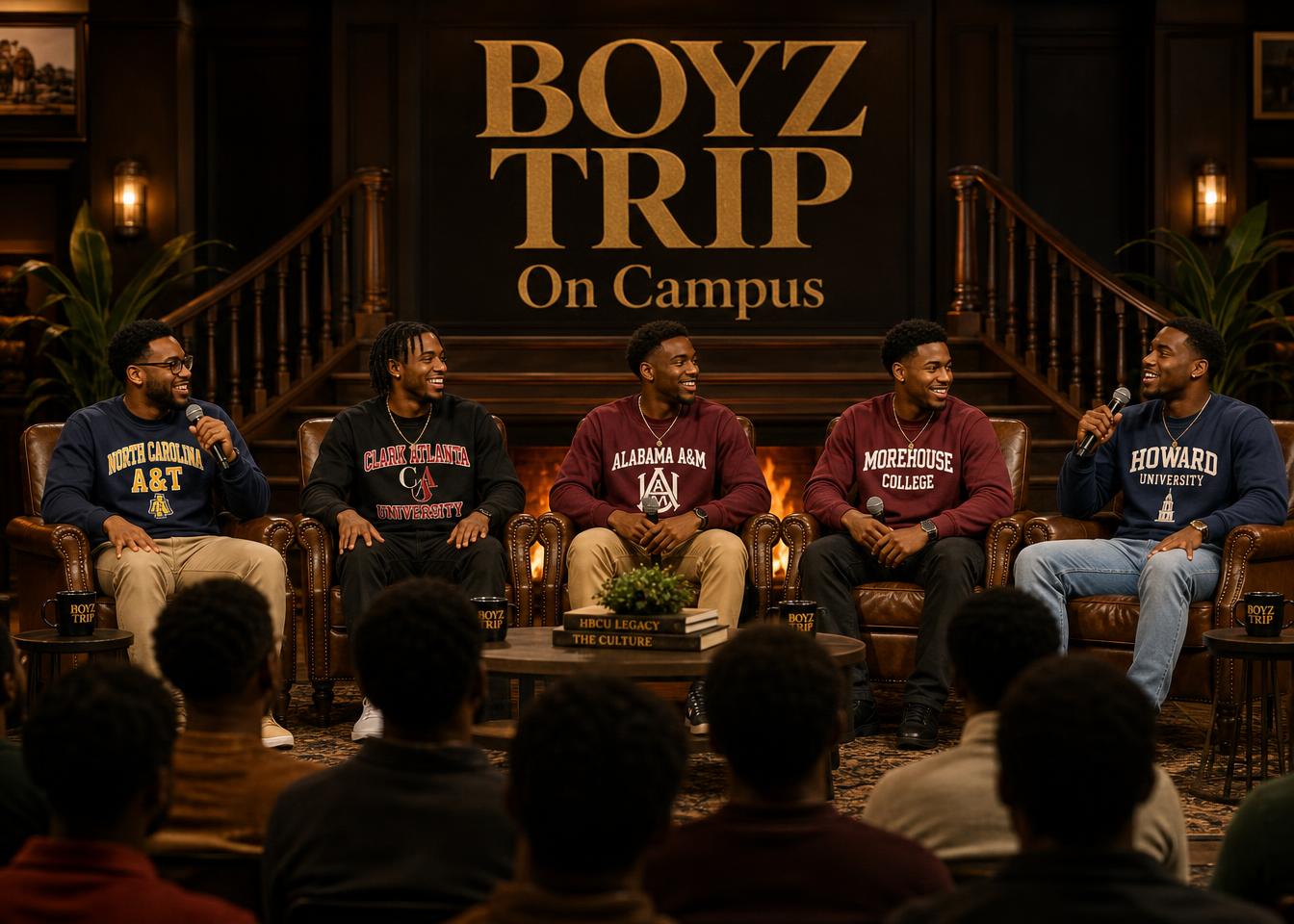 African American students and panelists in a fireside chat discussion on an on-campus stage
