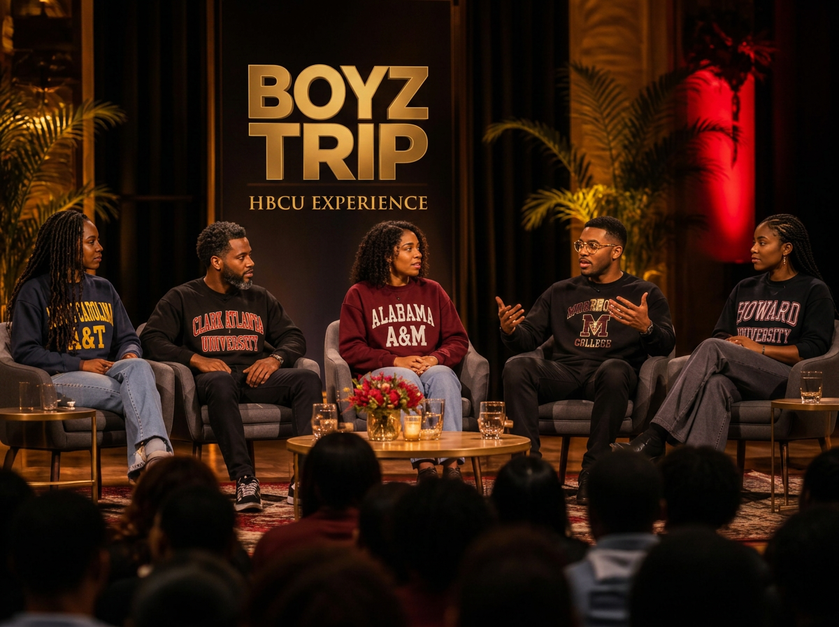 African American students and panelists in a fireside chat discussion on an HBCU stage